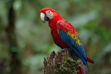 Obraz premium Vibrant Scarlet Mccaw Perched on Tree Stump Amidst Lush Costa Rican Tropical Forest