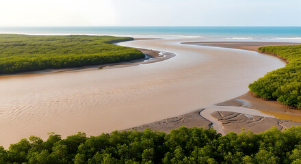 Aerial view of a winding river flowing into the ocean with lush green trees on either side of the river ai generated