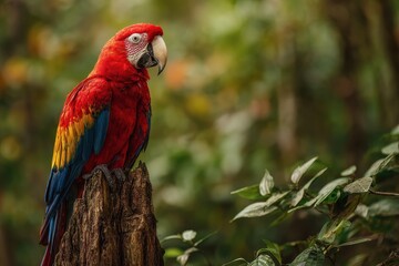 Obraz premium Scarlet Mccaw Perched on Tree Stump Against Lush Tropical Forest Backdrop