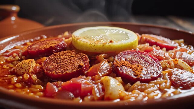 Savory Spanish inspired cuisine showcases a medley of flavors, perfectly embodying international culinary flair, evoking cultural exploration, exotic flavors, and the joy of sharing meals with.