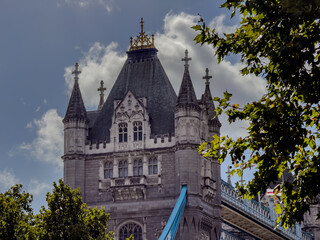 Stunning aerial view of Tower Bridge in London, spanning the River Thames with the city skyline in the background &mdash; blending historic architecture and modern urban beauty. London Bridge