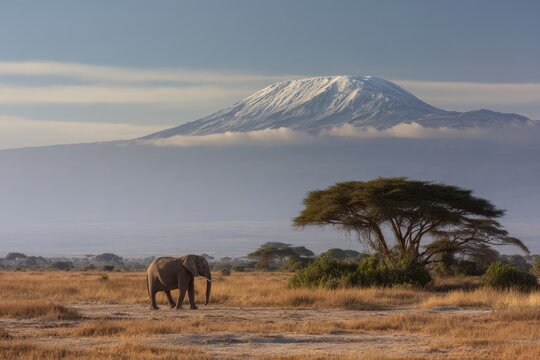Scenic Plains of Africa Beneath Mt. Kilimanjaro, Showcasing Elephants and Acacia Trees on Safari