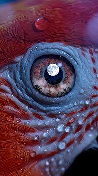 Parrot eye moon reflection closeup feather droplet water vivid parrot eye reflecting full moon