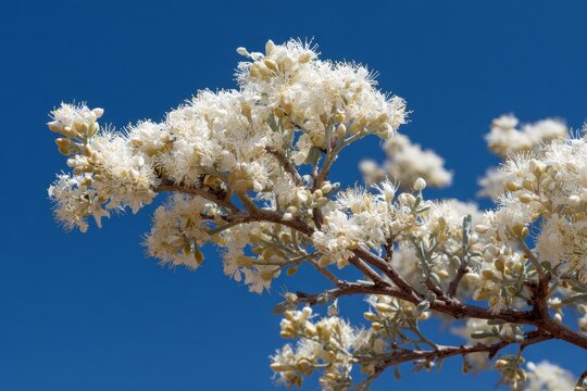 Flourishing Creosote Plant (Larrea Tridentata) Against a Clear Sky in Spring Desert Landscape