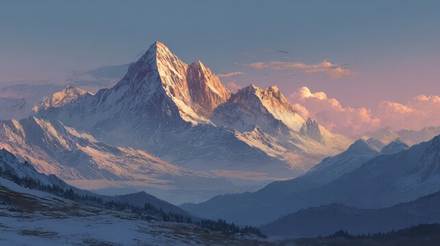 Kangchenjunga at Dusk: Majestic Mountain Landscape Surrounded by Snow-Capped Peaks and a Vibrant Sunset Sky