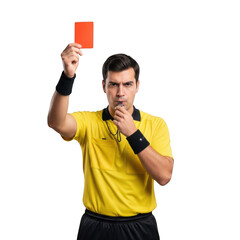 A serious soccer referee wearing a yellow shirt and black shorts holds up a red card isolated on transparent background