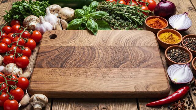 Assorted colorful vegetables, spices, and herbs arranged on a cutting board perfectly encapsulate the concept of fresh wholesome cuisine, inviting the viewer to imagine aromas and flavors that.