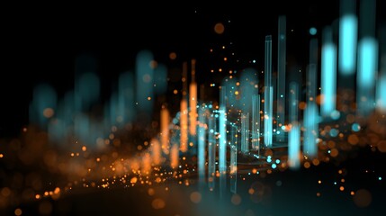 Digital bars rise against a dark background with illuminated particles floating around