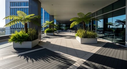 Zoom background of modern office terrace with palm trees and green foliage