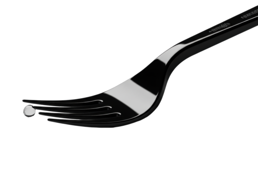 Glossy obsidian black plastic disposable fork, droplet on tip, extreme close-up macro on transparent, dramatic low-angle, high-contrast reflections, concept of minimalist beauty