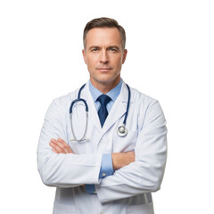 Fototapeta premium Professional male physician wearing a white lab coat and stethoscope with arms crossed isolated on transparent background