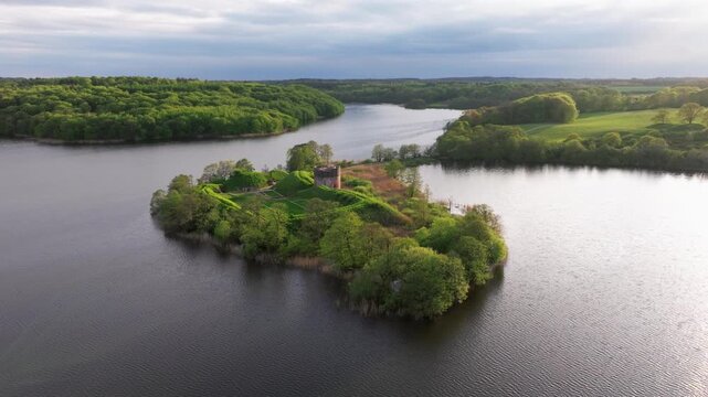 Hald Ruin, Viborg, Denmark, Summer panorama of Viborg, Midtjylland, Denmark. Aerial skyline view of the old town. View over Hald Lake from Dollerup bakker, cenic view of lake against sky, lake