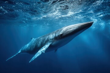 Naklejka premium Majestic Minke Whale Gliding Near the Ocean Surface in a Vibrant Underwater Scene