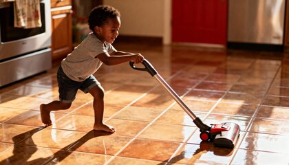 Child pushing toy vacuum cleaner across kitchen tile floor in afternoon light with playful engaged