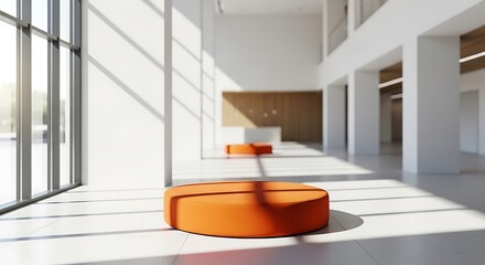 Sleek modern office lobby with orange seats a perfect zoom background for business meetings
