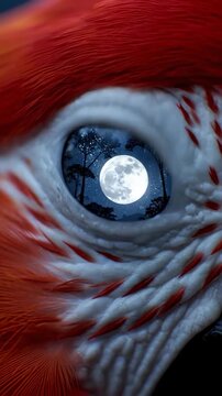 Red parrot eye reflection of full moon over night forest and silhouetted tree, enchanting nocturnal
