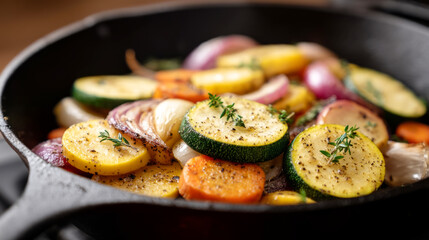 Rustic cast iron pan with caramelizing vegetables for gourmet cooking
