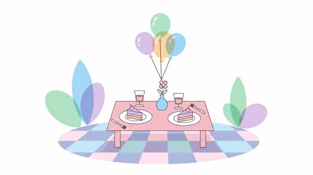 Minimalist illustration of a birthday table setup with balloons and cake slices on a checkered floor background, celebration scene