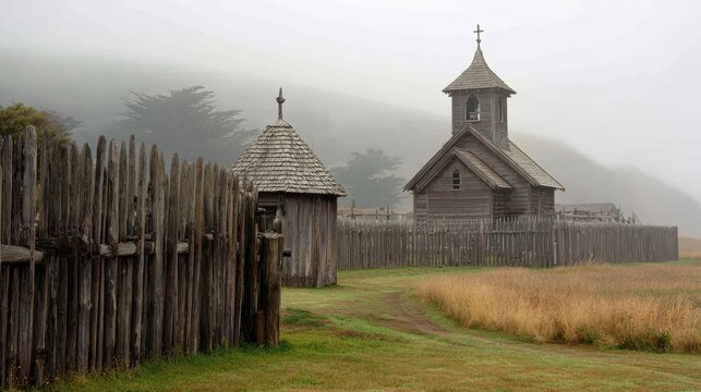 Historic Fort Ross: Wooden Chapel Amidst Fog in California's State Park Sanctuary