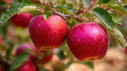 Obraz premium Luscious Braeburn Apples Ready for Harvest in Orchard â€“ Bountiful Autumn Fruit Amongst Lush Green Foliage