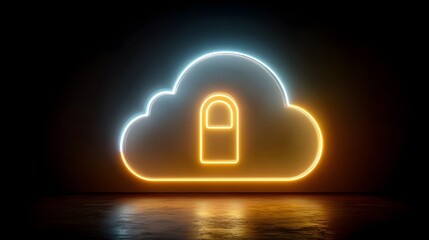 Glowing neon outline of a secure data storage symbol illuminates a dark environment