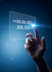 Hand touching futuristic digital screen displaying years and data