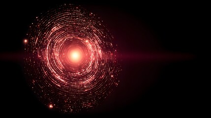 Concentric circles of sparkling red particles form a luminous spherical shape against a dark background