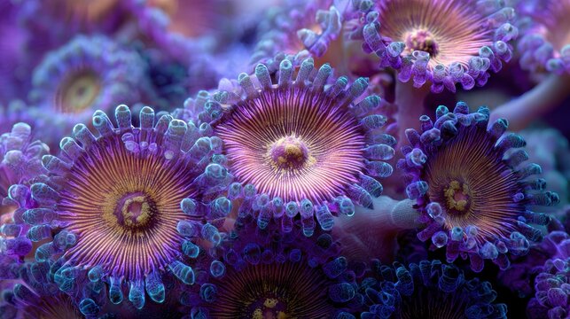 Intricate Zoanthids in Macro View: Closeup of Vibrant Reef Coral Underwater