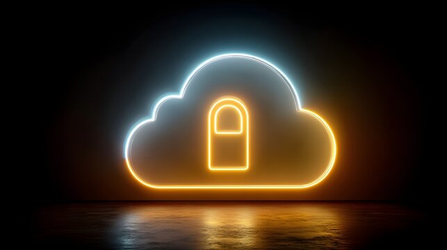Glowing neon outline of a secure data storage symbol illuminates a dark environment
