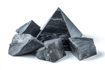 Unique Shungite Pyramid and Raw Mineral Stones on a Pristine White Surface