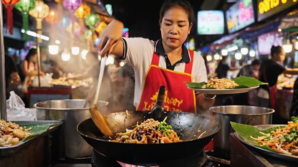 Sizzling street food scene features a skilled chef cooking aromatic araffes in a large wok over an open grill at a bustling international market, capturing the flavors of global cuisine. - Powered by Adobe