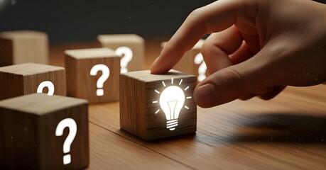 Hand selects a wooden block with a glowing lightbulb symbol from many question mark blocks