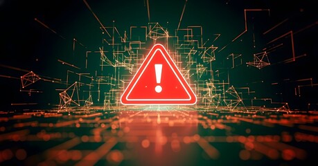 Red warning sign with exclamation mark on digital network background