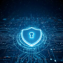 Digital shield with keyhole represents cybersecurity and data protection