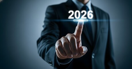 Businessman touches the year 2026 on a futuristic digital interface
