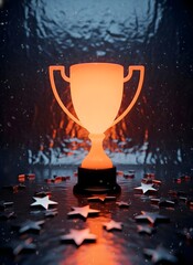 Glowing trophy surrounded by star confetti on dark reflective surface