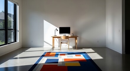 Bright modern office space with computer on desk, perfect zoom background