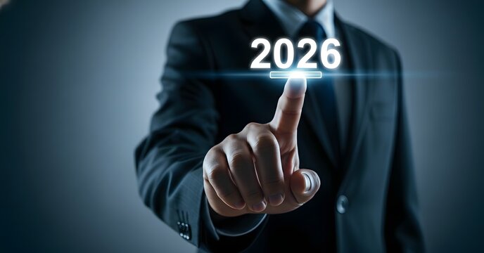 Businessman touches the year 2026 on a futuristic digital interface - Powered by Adobe