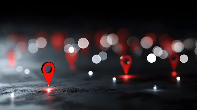 Several three dimensional location markers glow intensely across a dark, textured surface