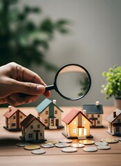 Magnifying glass over small house models and coins on a wooden table