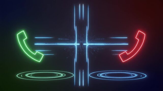 Neon digital communication interface with incoming and outgoing call icons, sound waves, and abstract light patterns on a dark background