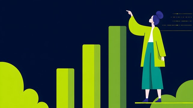 Young woman points upward next to rising bar chart signifying achievement and growth