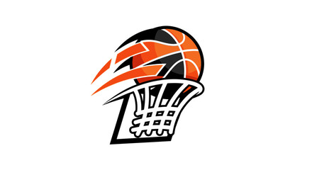 Basketball swooshing through the net, sports logo, orange and black.