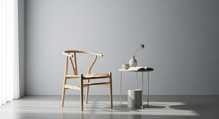 Minimalist interior with a light wood wishbone chair and small side table