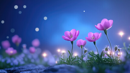Pink flowers in dreamy blue meadow with glowing bokeh lights
