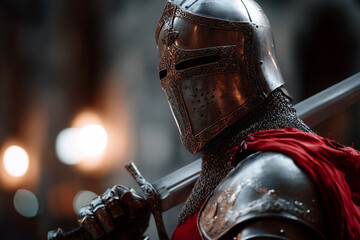 Fototapeta premium A knight in full armor holding a sword