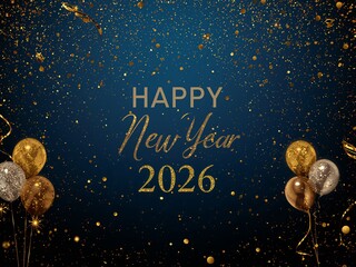 Celebrate New Year 2026 with golden balloons, confetti, and an elegant dark blue background for festive social media posts!