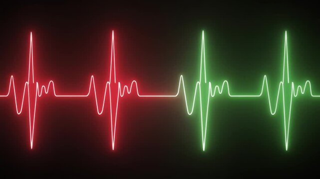 Two distinct neon electrocardiogram heart rate lines, one red and one green, displayed side-by-side on a black background