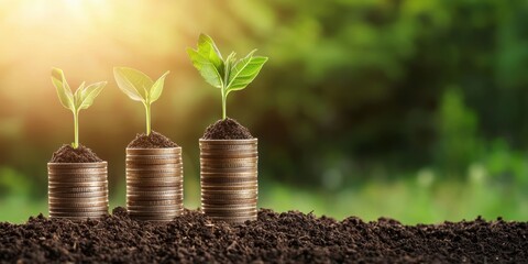 A visual metaphor showing growth: coins stacked with plants symbolizes financial growth and sustainability against a blurred green backdrop.