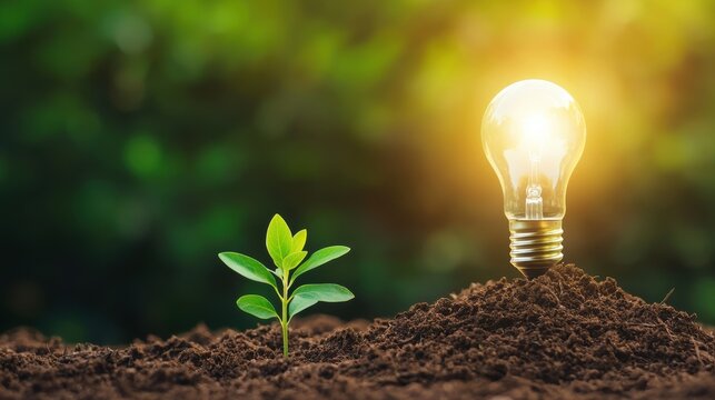 A sprouting plant beside a glowing light bulb symbolizes the fusion of nature and innovation, representing growth and sustainable energy.